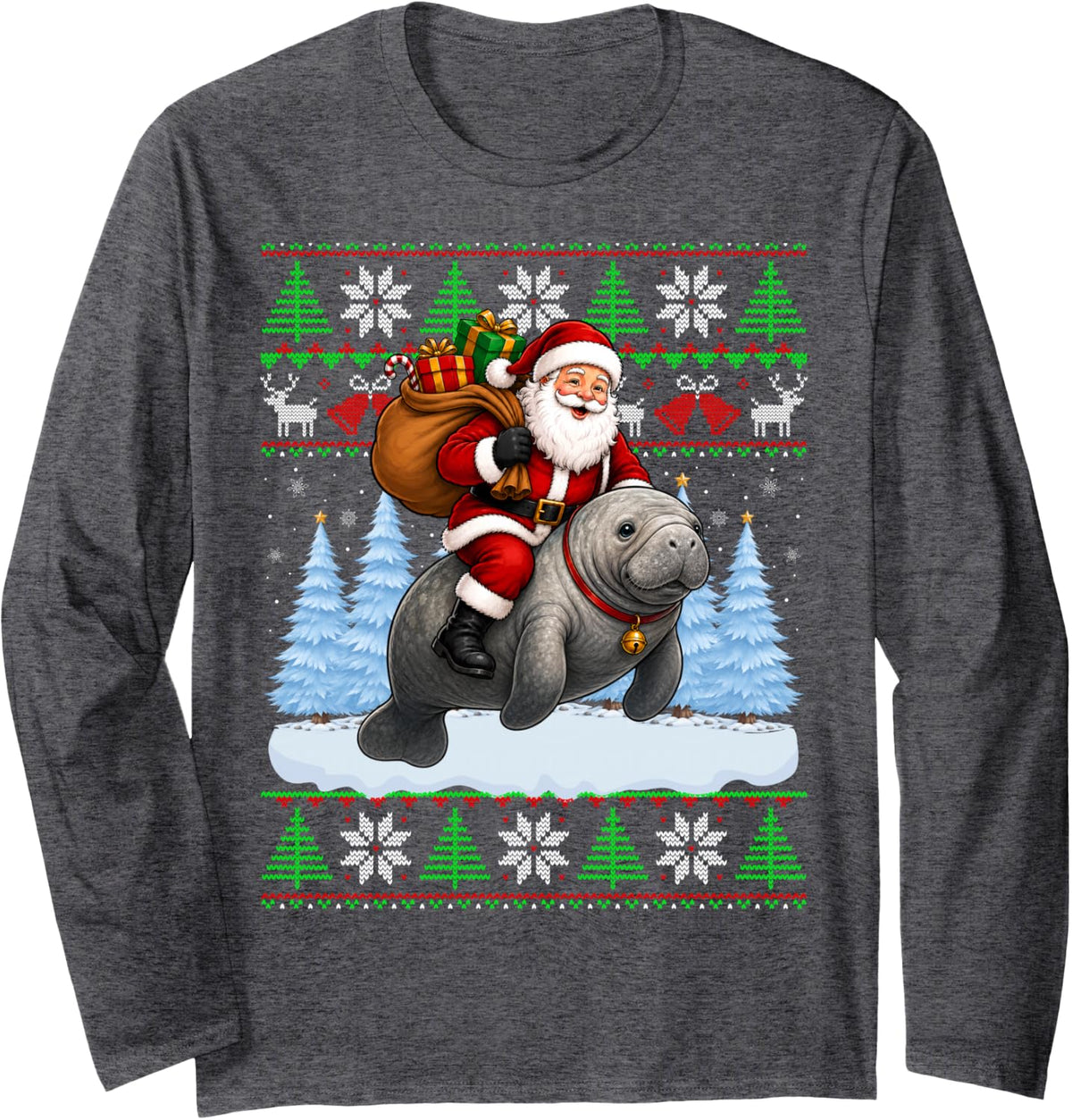 Ugly Xmas Sweaters Funny Santa Riding Manatee Christmas Long Sleeve T-Shirt - Adult Unisex Dark Heather Grey