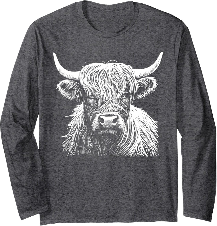 Highland Cow Scotland Scottish Fluffy Cow Cute Highland Coo Long Sleeve T-Shirt - Adult Unisex Dark Heather Grey