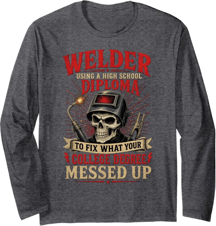 Skull Welder Graphic with Welding Tools and Flames Long Sleeve T-Shirt - Adult Unisex Dark Heather Grey