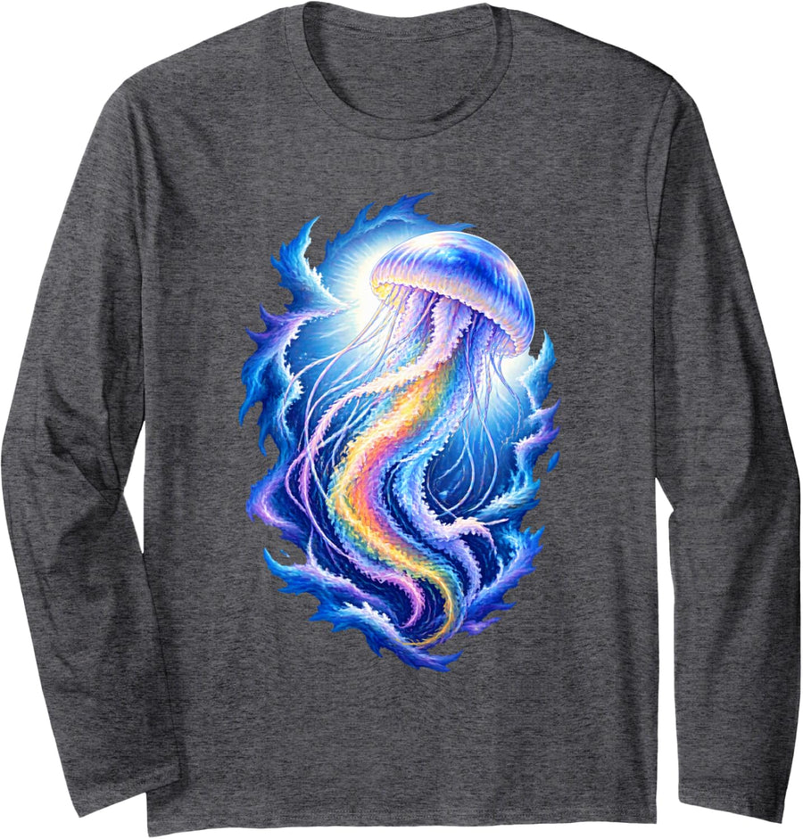 EDM Dancer Apparel Glowing Jellyfish Trippy Festival Long Sleeve T-Shirt - Adult Unisex Dark Heather Grey