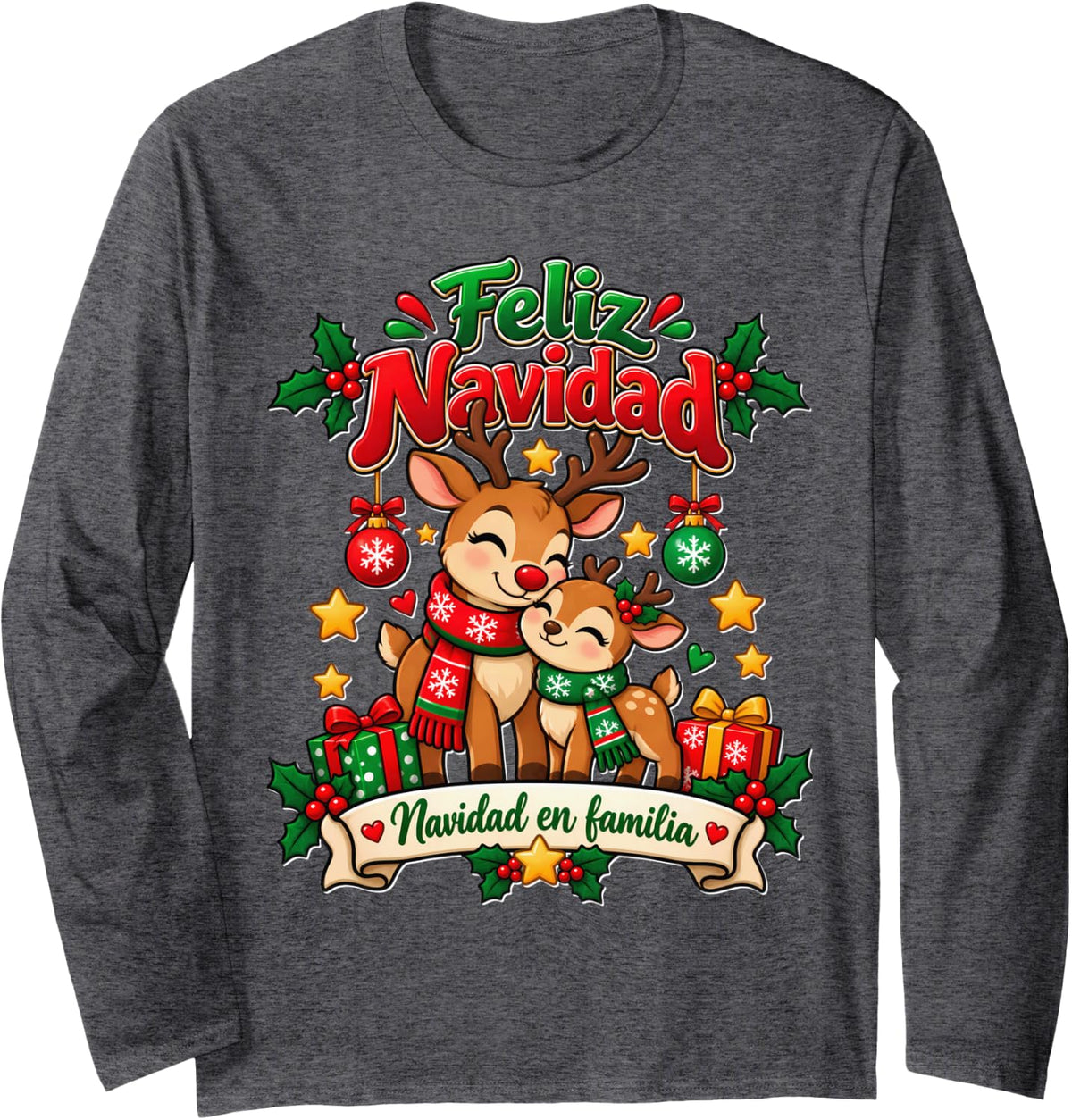 Feliz Navidad Spanish Christmas Cute Reindeer Family Long Sleeve T-Shirt - Adult Unisex Dark Heather Grey