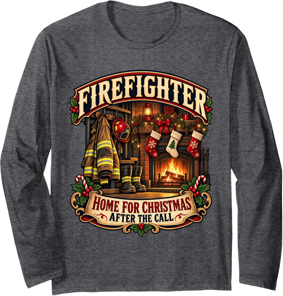 Firefighter Home for Christmas After The Call Holiday Long Sleeve T-Shirt - Adult Unisex Dark Heather Grey