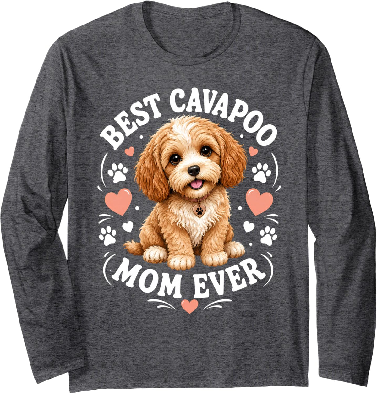 Distressed Badge Illustration Cavapoo Mom Funny Dog Long Sleeve T-Shirt - Adult Unisex Dark Heather Grey