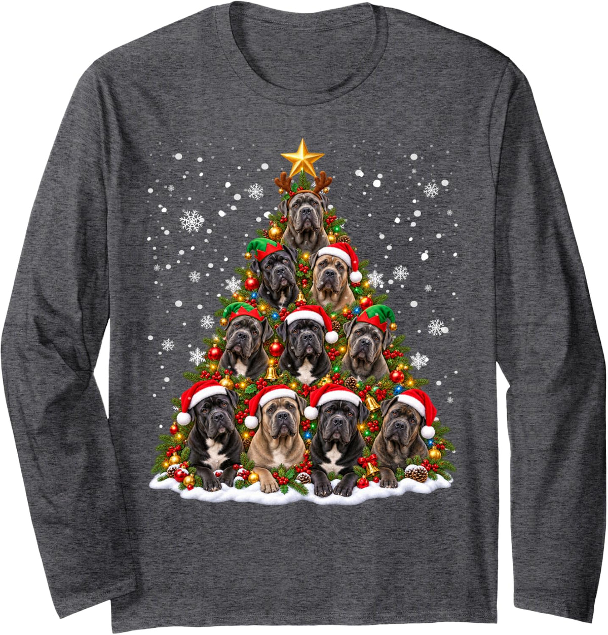 Funny Christmas Tree Cane Corso Family Xmas Pajamas Long Sleeve T-Shirt - Adult Unisex Dark Heather Grey