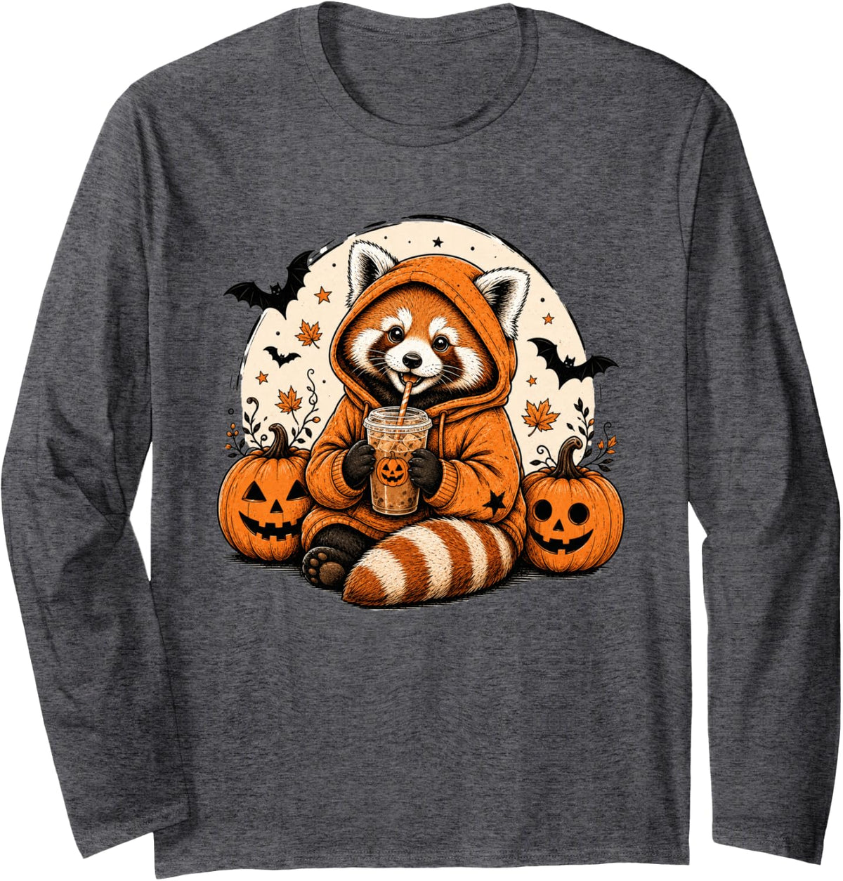 Red Panda Ghost Spooky Halloween Vintage Long Sleeve T-Shirt - Adult Unisex Dark Heather Grey
