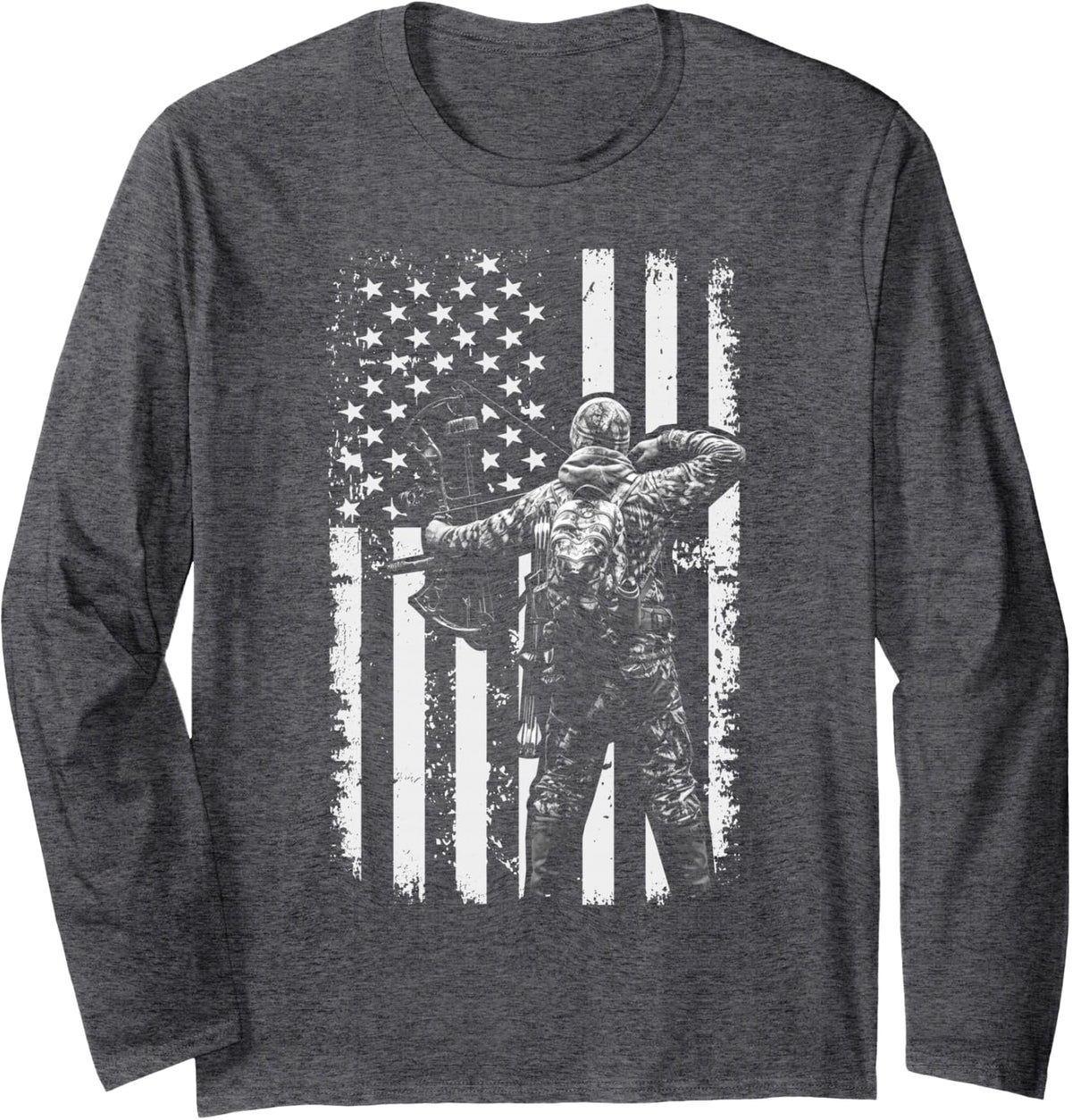 Bowhunting American Flag Deer Hunting Patriotic Bow Hunter Long Sleeve T-Shirt - Adult Unisex Dark Heather Grey