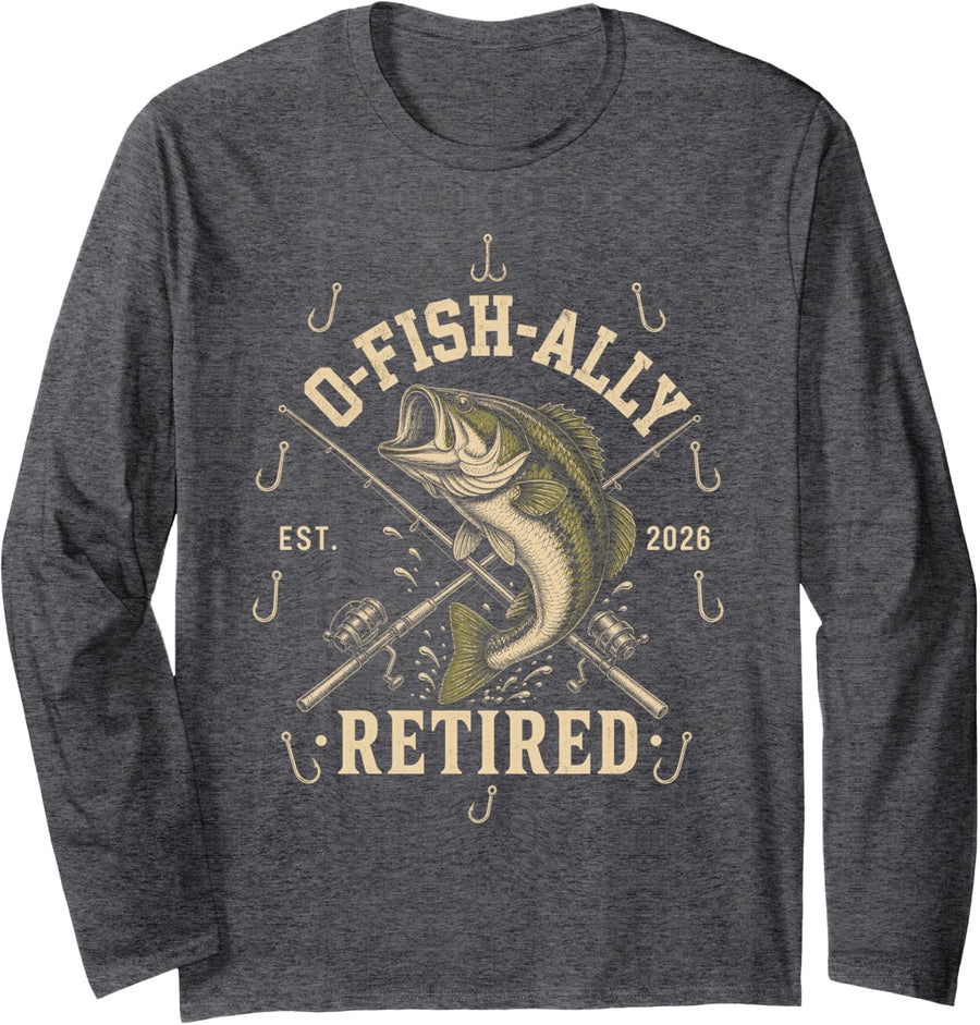 O-Fish-Ally Retired Est 2026 Fishing Bass Crest Long Sleeve T-Shirt - Adult Unisex Dark Heather Grey