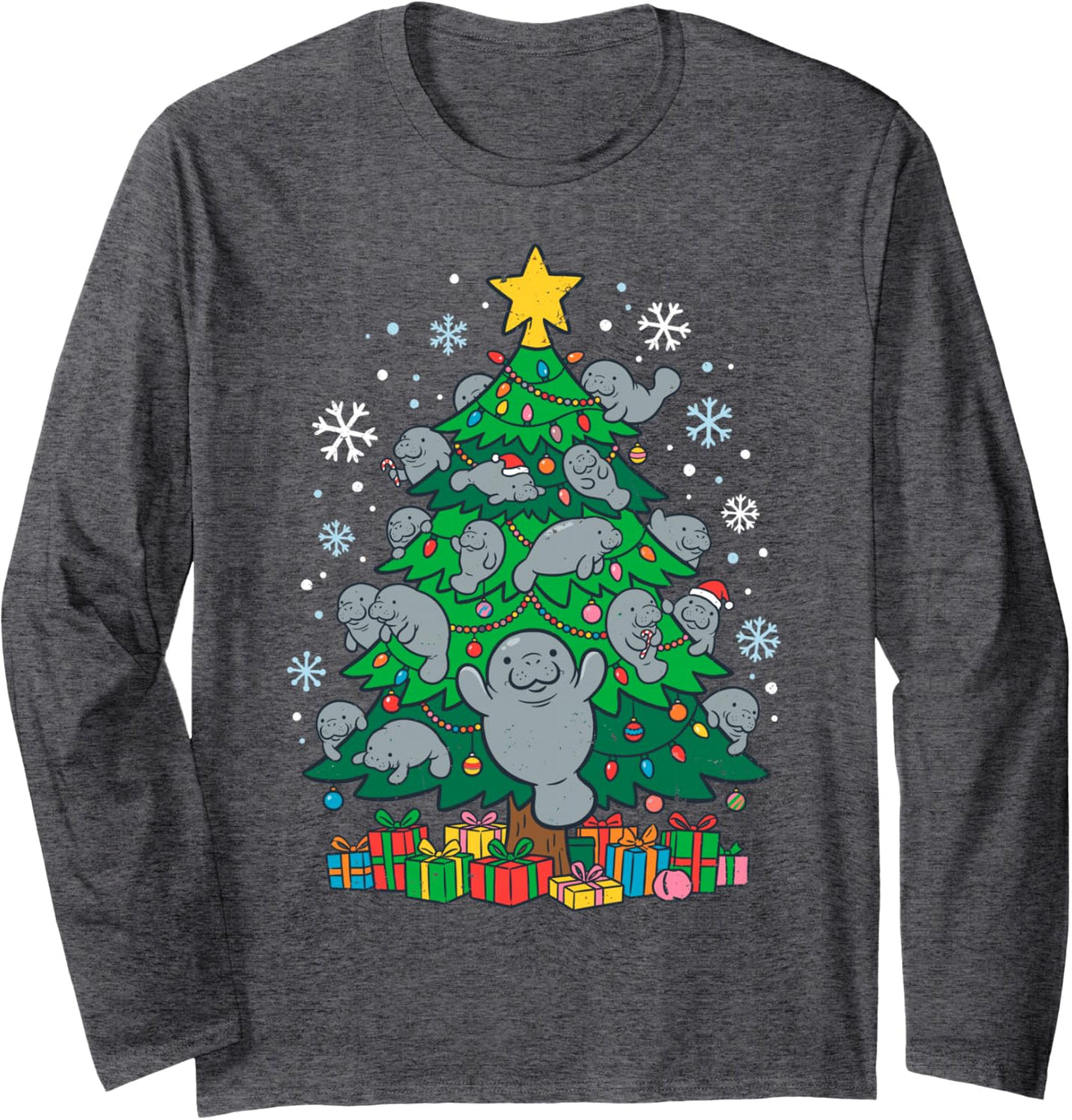Merry Christmas Xmas Tree Manatees Santa Funny Holidays Tee Long Sleeve T-Shirt - Adult Unisex Dark Heather Grey
