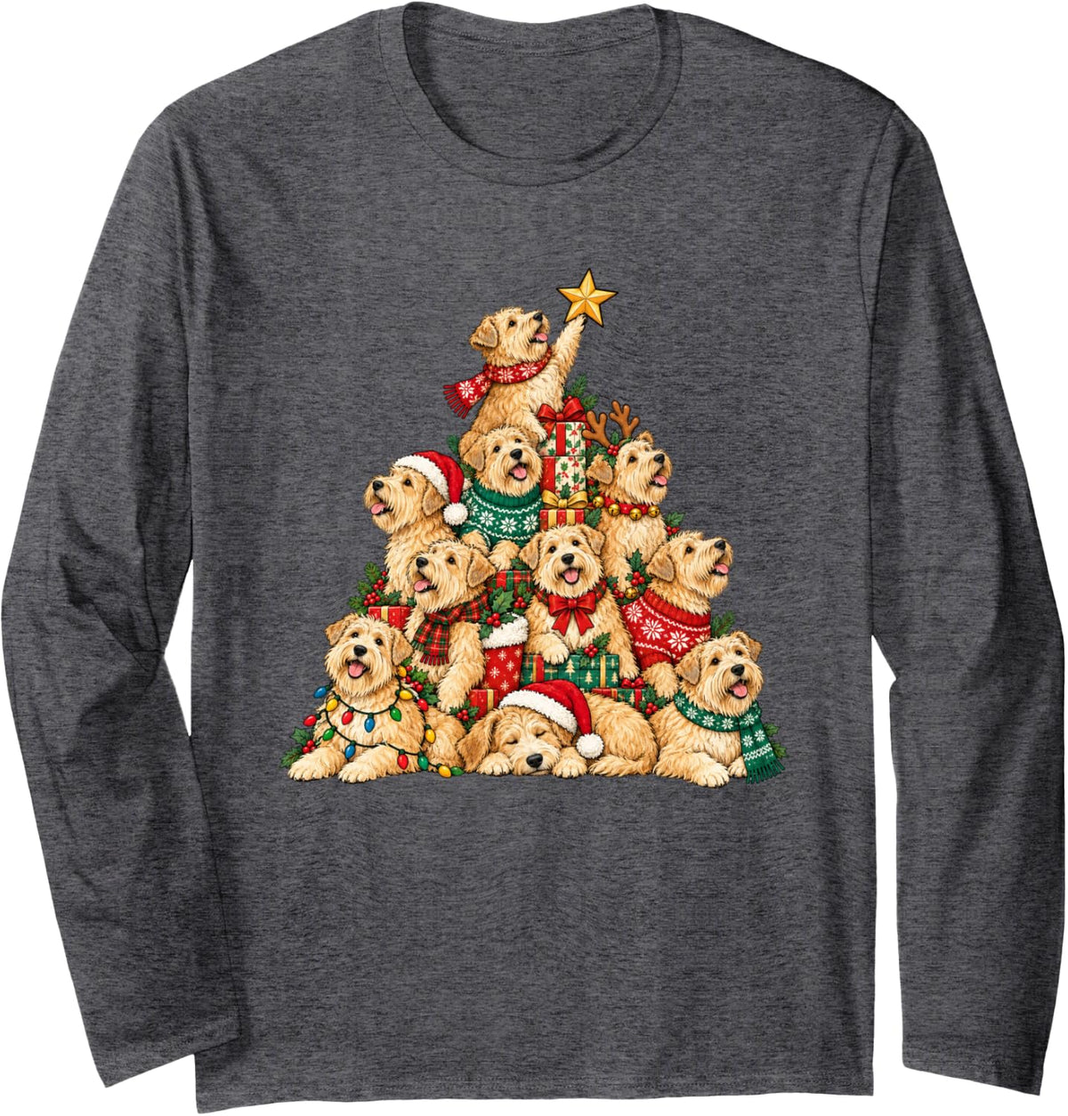 Funny Soft Coated Wheaten Terrier Christmas Lights Tree Dog Long Sleeve T-Shirt - Adult Unisex Dark Heather Grey