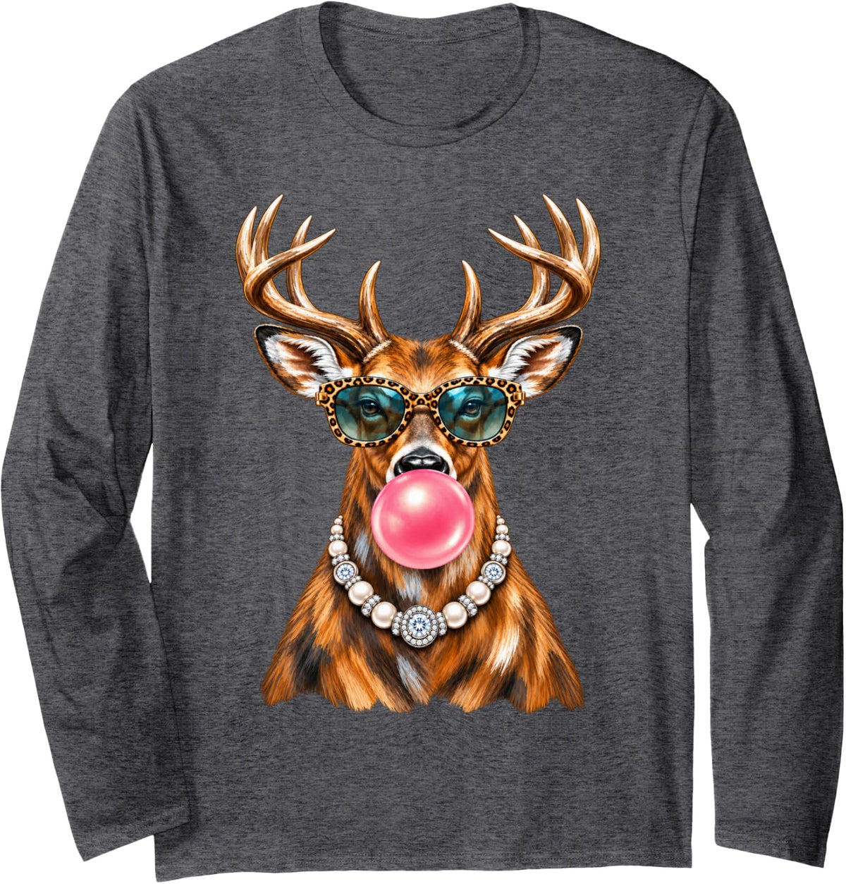 Funny Deer Wearing Glasses and Blowing Pink Bubble Gum Long Sleeve T-Shirt - Adult Unisex Dark Heather Grey