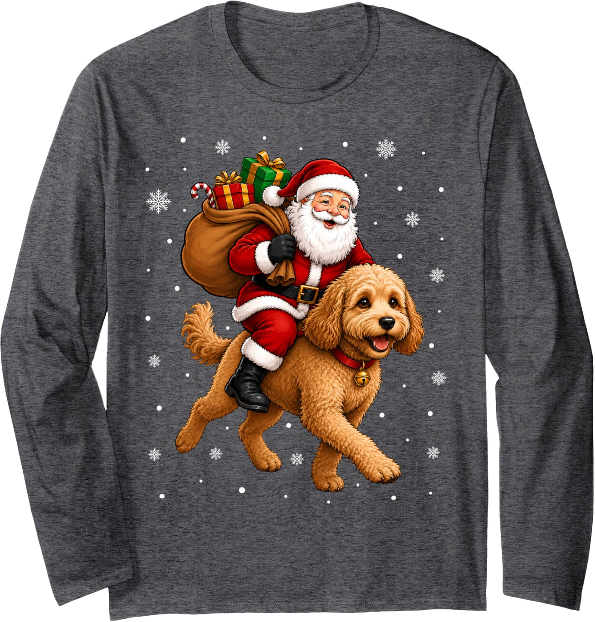 Festive Holiday Funny Santa Riding Cockapoo Dog Christmas Long Sleeve T-Shirt - Adult Unisex Dark Heather Grey