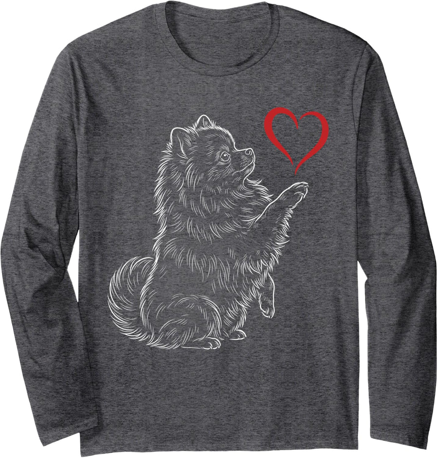 Pomeranian Lover Dog Art Holding Heart Valentines Long Sleeve T-Shirt - Adult Unisex Dark Heather Grey