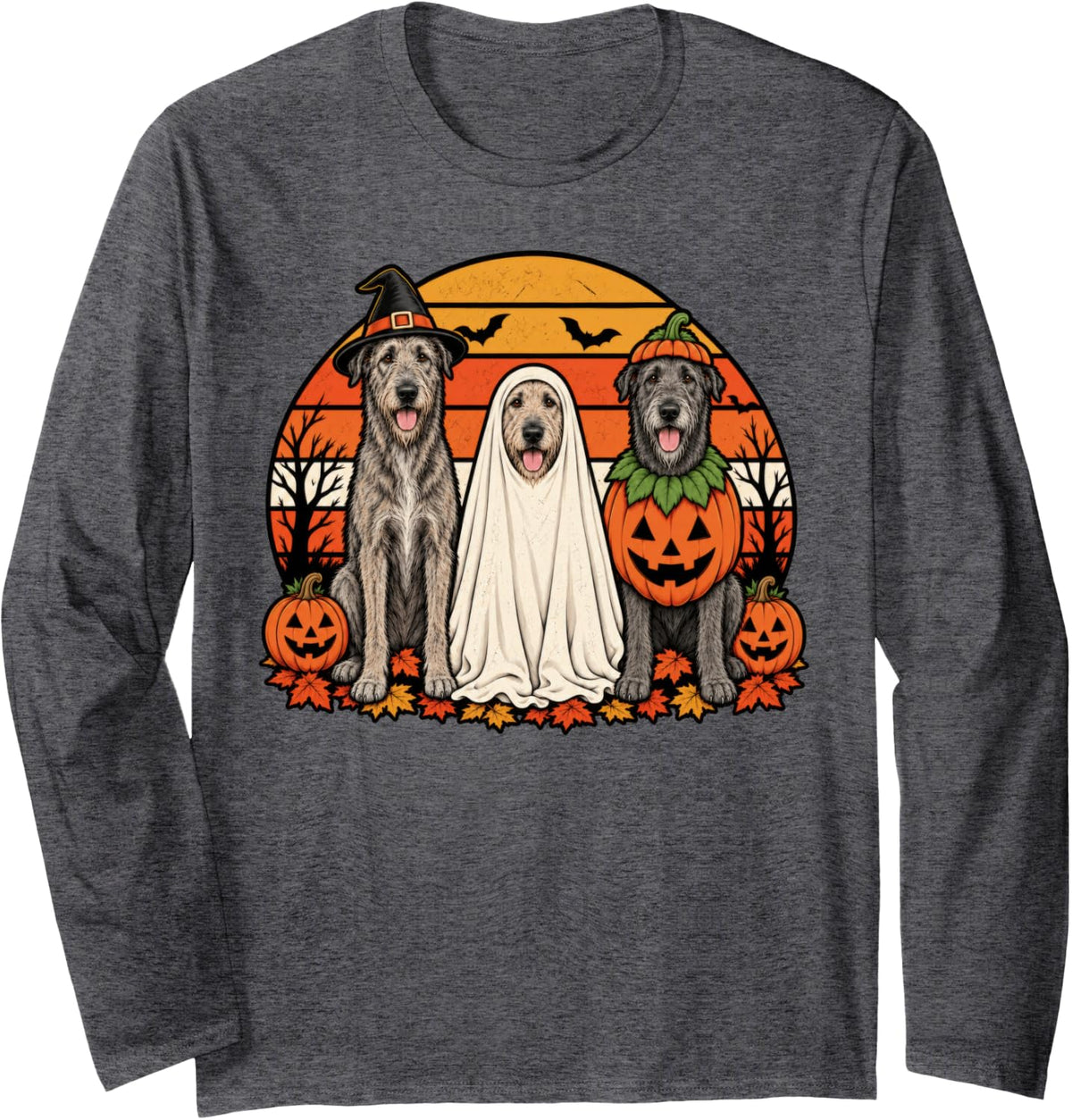 Spooky Irish Wolfhound Pumpkin Ghost Halloween Dog Lover Long Sleeve T-Shirt - Adult Unisex Dark Heather Grey