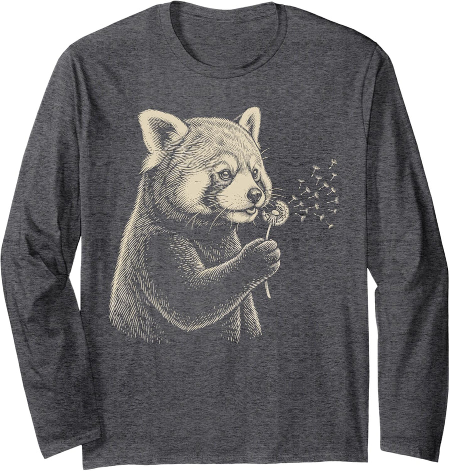 Funny Red Panda Blowing Dandelion Vintage Men Women Kids Long Sleeve T-Shirt - Adult Unisex Dark Heather Grey