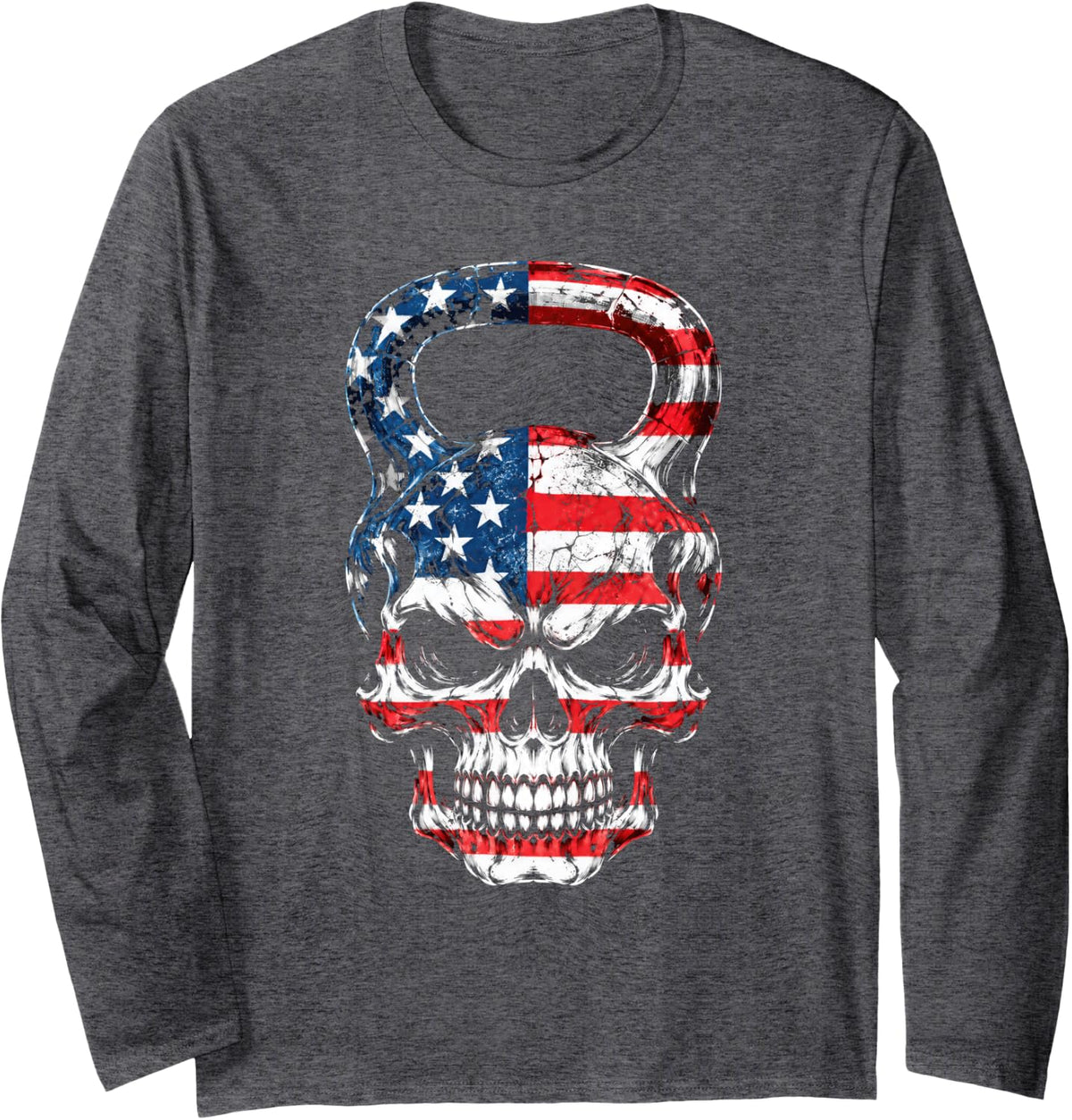 American Flag Skull Kettlebell Patriotic Weightlifting Long Sleeve T-Shirt - Adult Unisex Dark Heather Grey