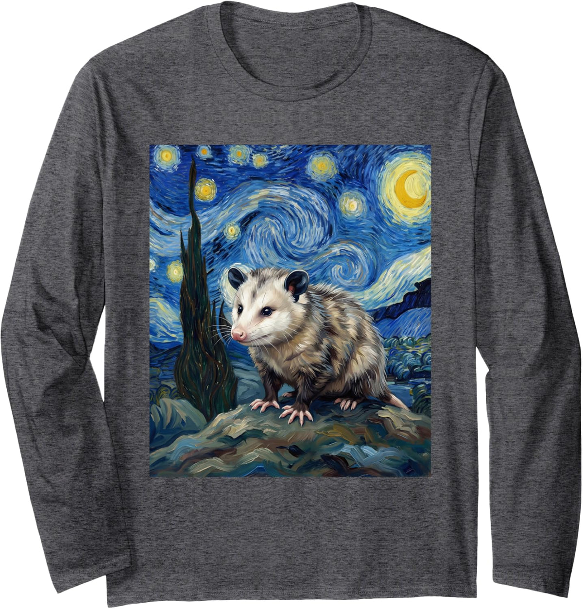 Opossum Possum Van Gogh Starry Night Long Sleeve T-Shirt - Adult Unisex Dark Heather Grey