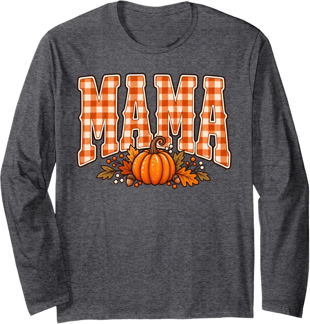 Mama Pumpkin Halloween Mom Autumn Buffalo Plaid Long Sleeve T-Shirt - Adult Unisex Dark Heather Grey