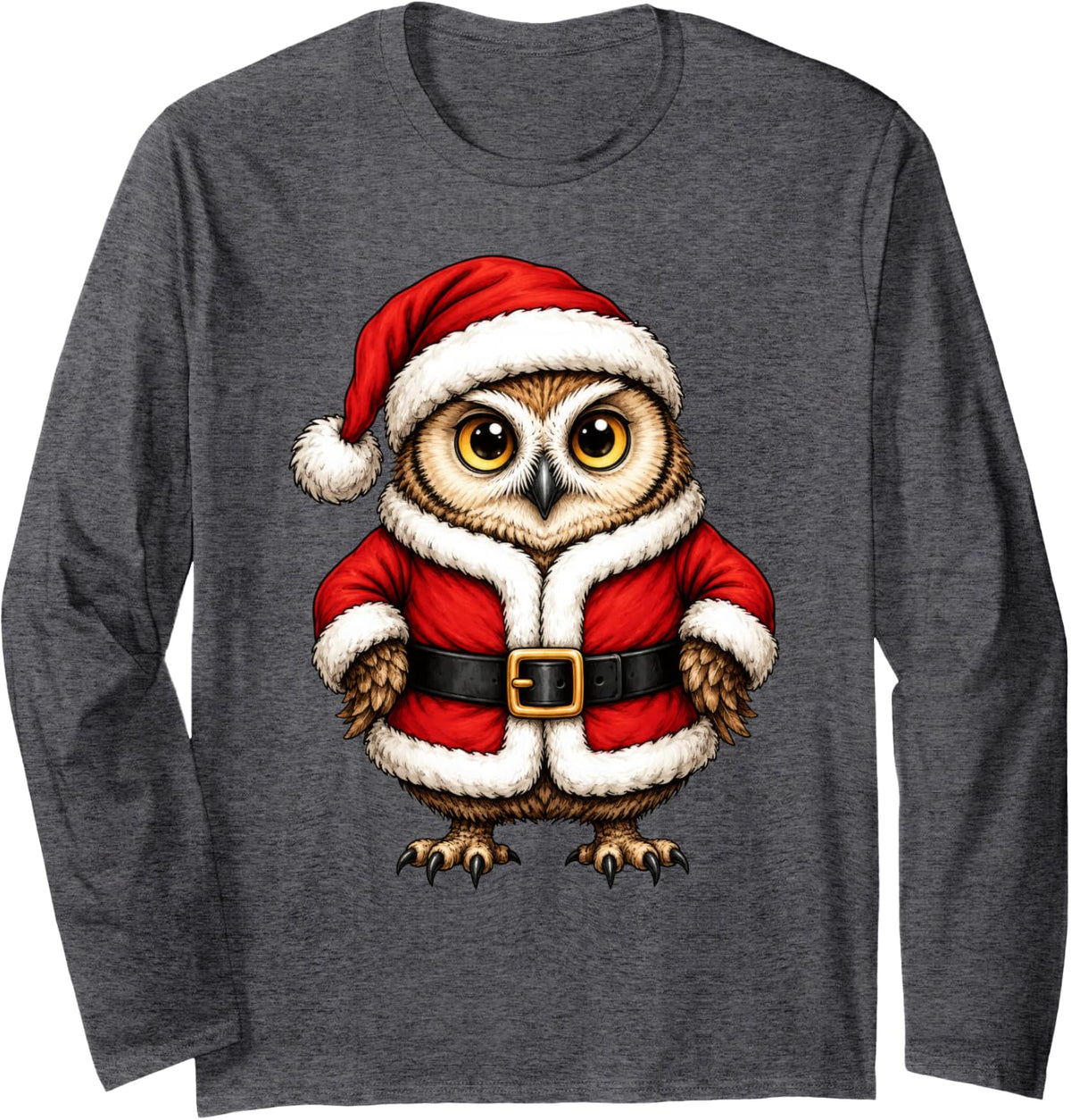 Owl Santa Claus Christmas Xmas Long Sleeve T-Shirt - Adult Unisex Dark Heather Grey