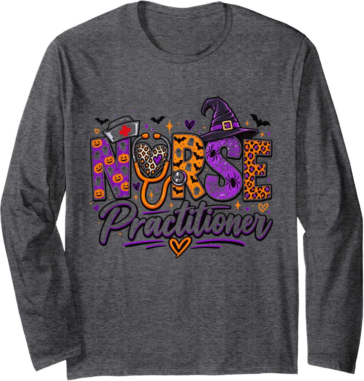 Nurse Practitioner Halloween Spooky Nursing Medical Fall Long Sleeve T-Shirt - Adult Unisex Dark Heather Grey