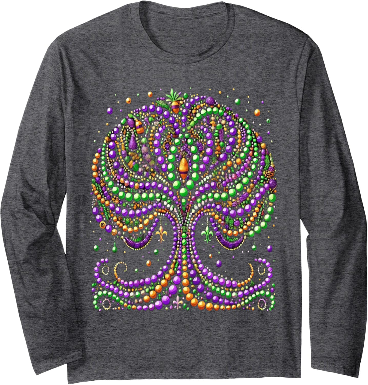 Mardi Gras Bead Tree Carnival New Orleans 2025 for Women Long Sleeve T-Shirt - Adult Unisex Dark Heather Grey