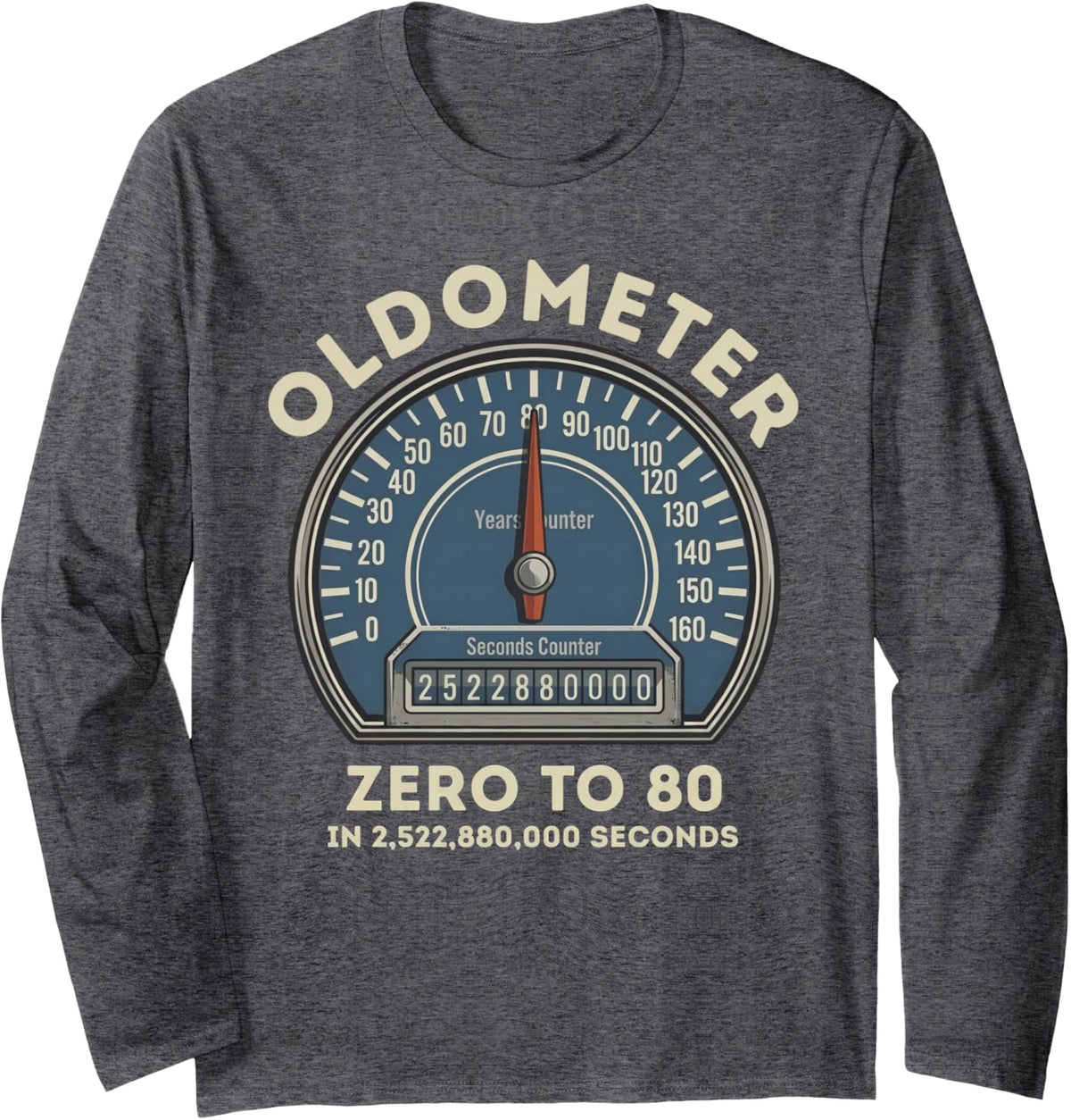 80th Birthday Oldometer Speedometer 80 Years Old Funny Long Sleeve T-Shirt - Adult Unisex Dark Heather Grey