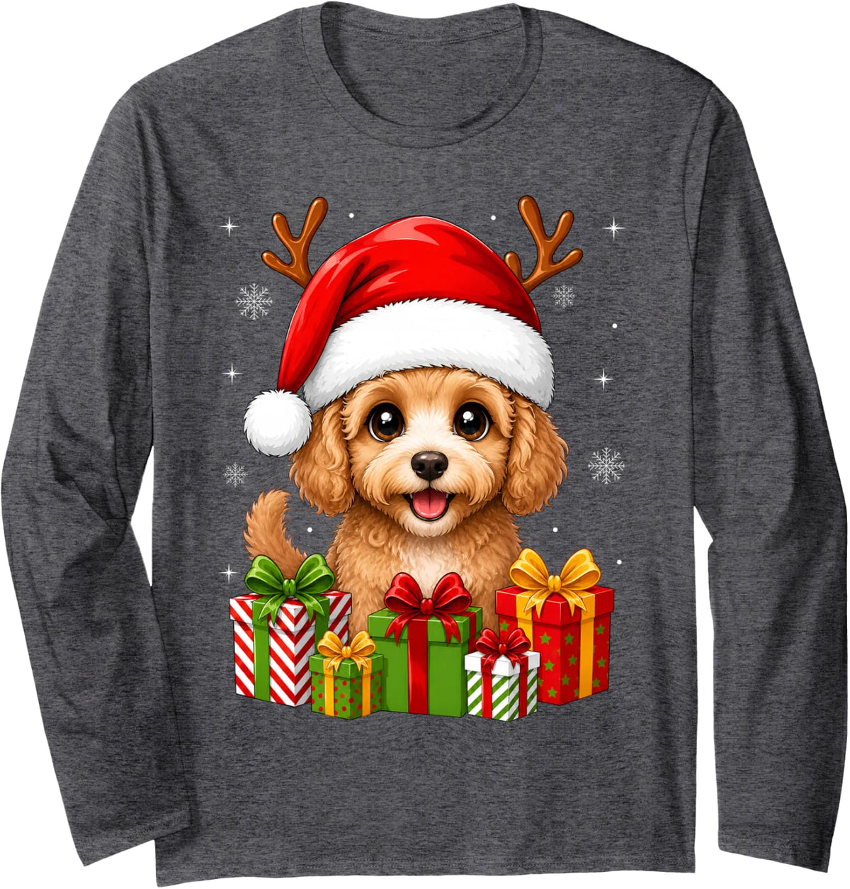 Xmas Decor Cute Festive Santa Hat Cockapoo Dog Christmas Long Sleeve T-Shirt - Adult Unisex Dark Heather Grey