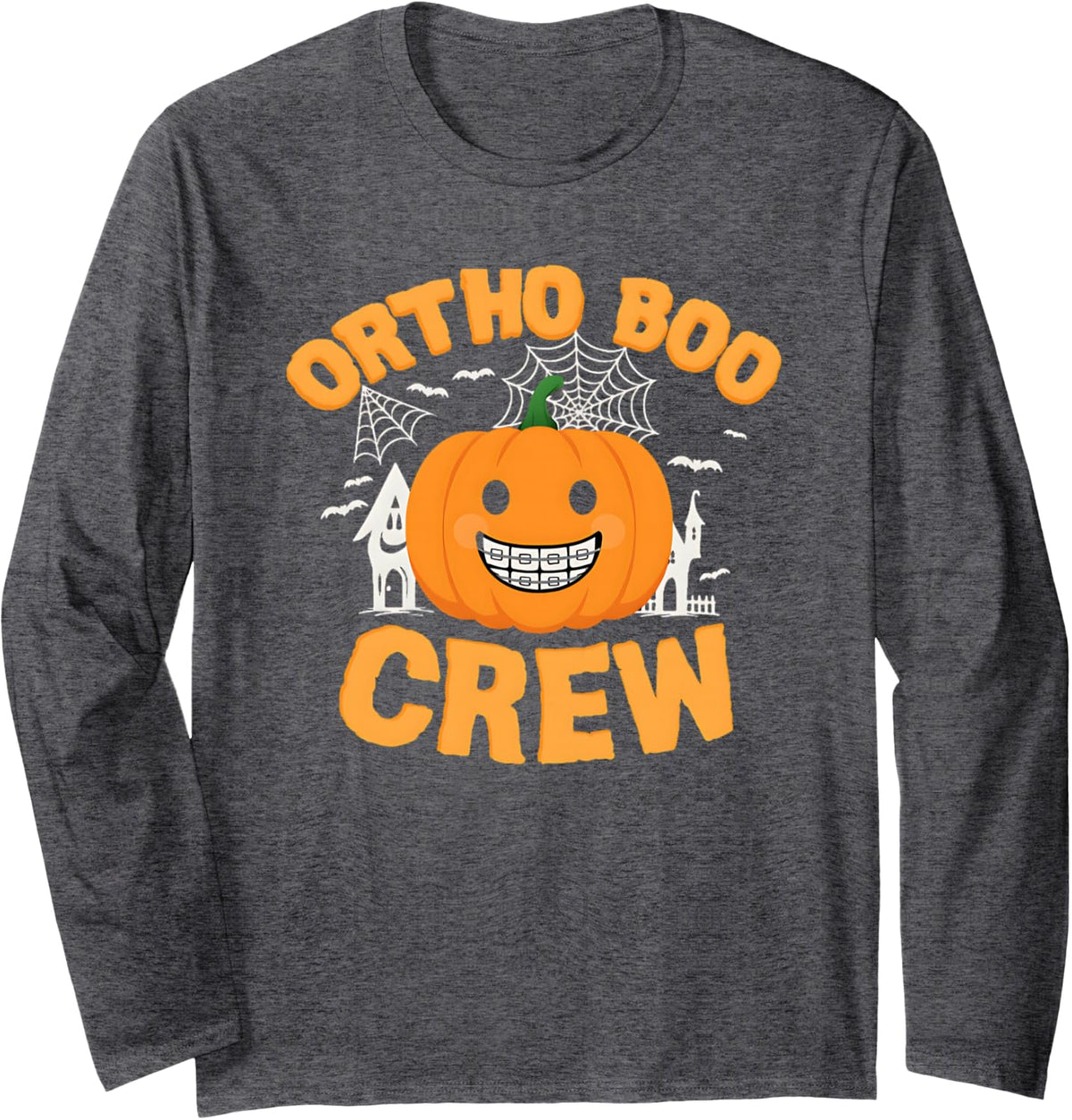 Ortho Boo Crew Funny Halloween Dental Office Long Sleeve T-Shirt - Adult Unisex Dark Heather Grey