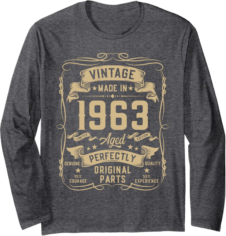 Vintage 1963 63yr 63rd Birthday Gifts for Men 63 Years Old Long Sleeve T-Shirt - Adult Unisex Dark Heather Grey