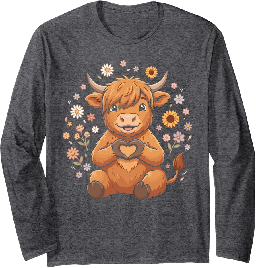 Highland Cow Heart Cute Flowers Women Girls Long Sleeve T-Shirt - Adult Unisex Dark Heather Grey