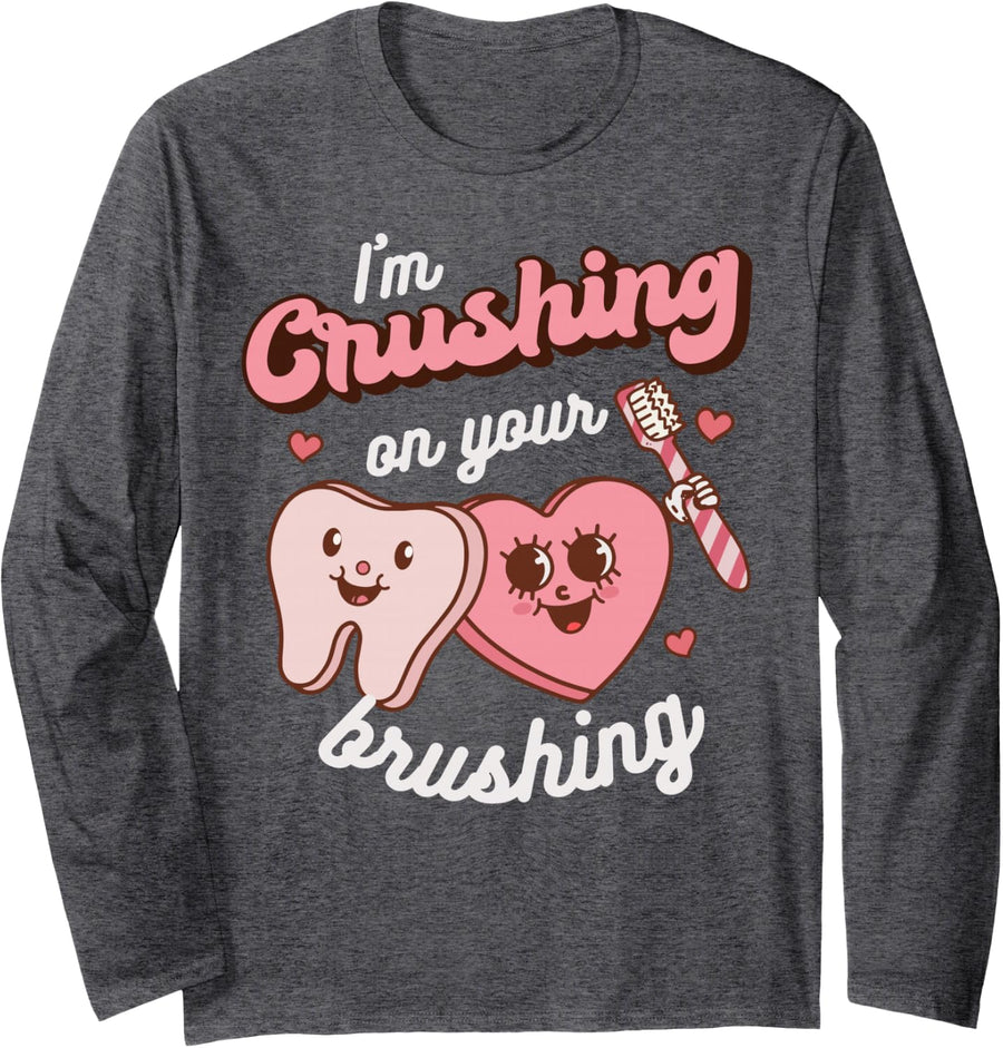 Dental Hygienist Valentines Day Dentist Squad Tooth Heart Long Sleeve T-Shirt - Adult Unisex Dark Heather Grey