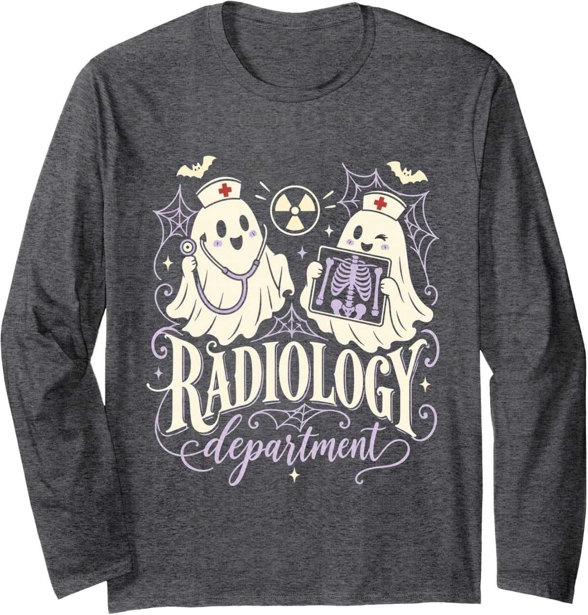 Funny Halloween Radiology Department Nurse Ghost Long Sleeve T-Shirt - Adult Unisex Dark Heather Grey