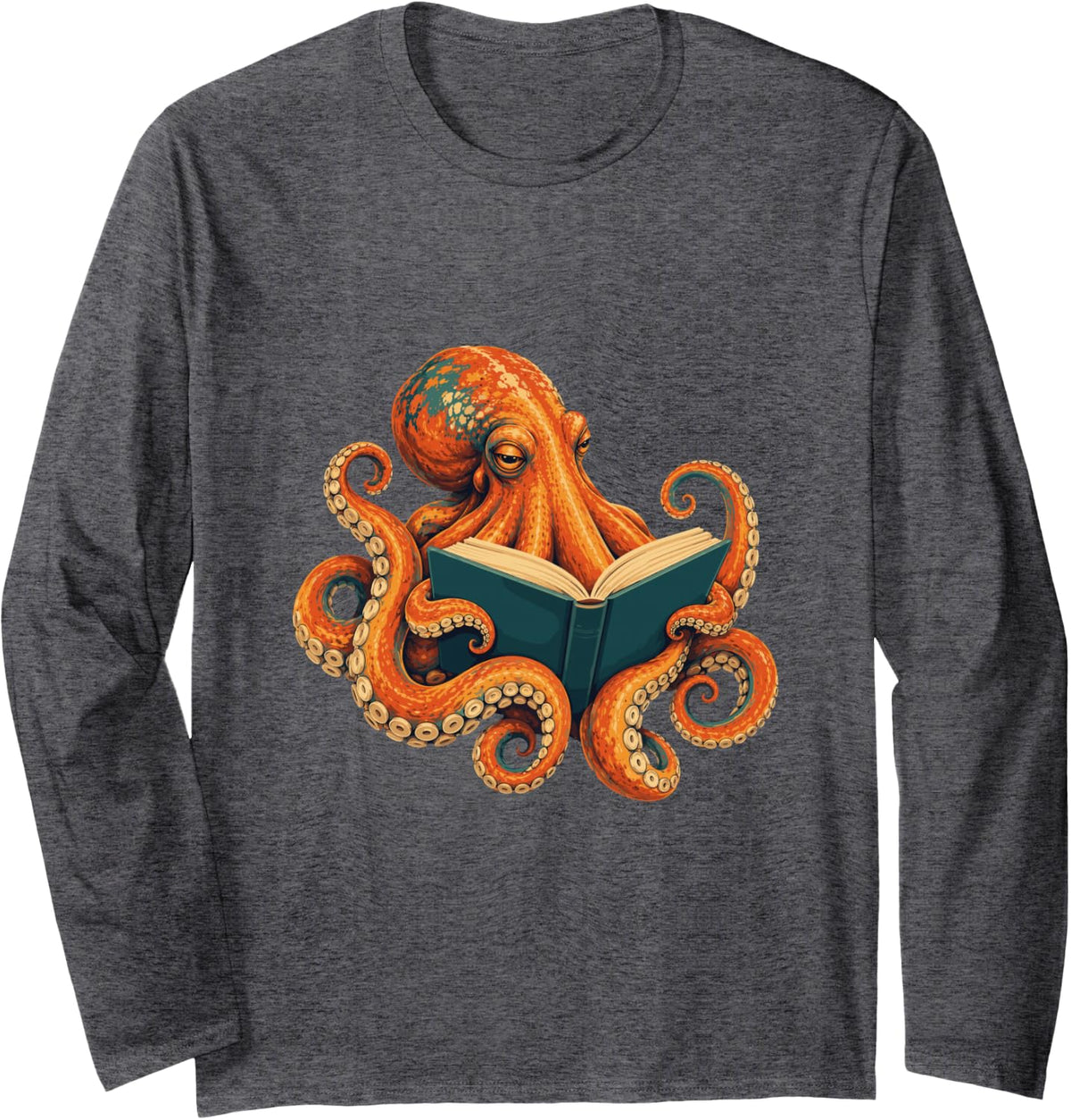 Octopus Reading Book Lover Funny Bookworm Long Sleeve T-Shirt - Adult Unisex Dark Heather Grey