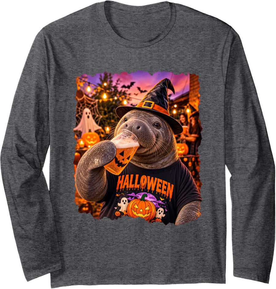 Halloween Witch Manatee Drinking Pumpkin Cup Funny Costume Long Sleeve T-Shirt - Adult Unisex Dark Heather Grey