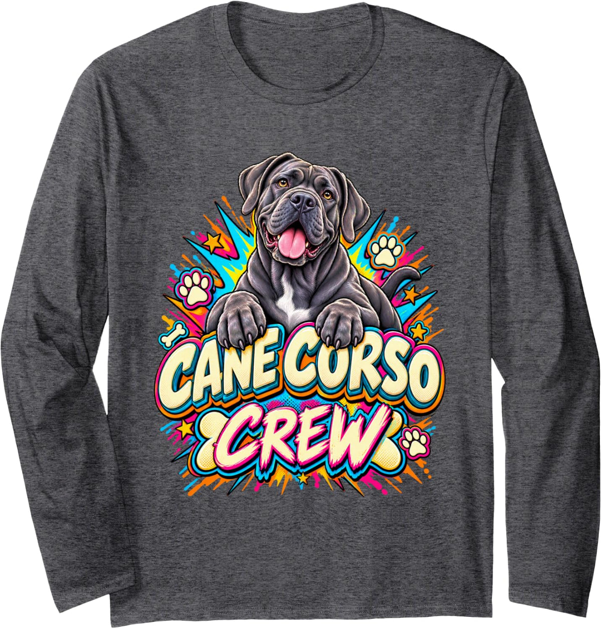 Cane Corso Crew Cartoon Comic Dog Lover Graphic Long Sleeve T-Shirt - Adult Unisex Dark Heather Grey