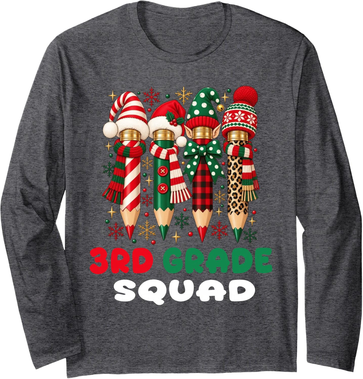 3rd Grade Teacher Christmas Third Grade Squad Pencil Xmas Long Sleeve T-Shirt - Adult Unisex Dark Heather Grey