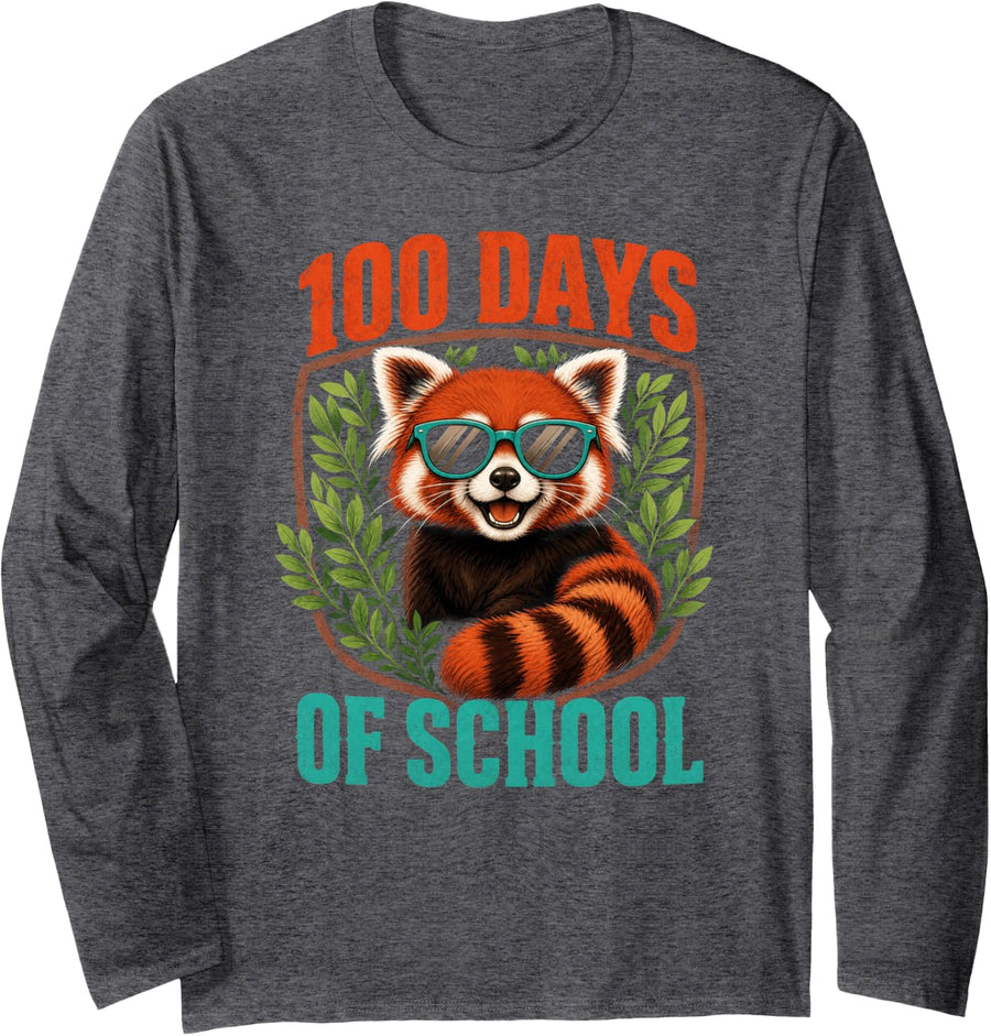 100 Days of School Red Panda Sunglasses Long Sleeve T-Shirt - Adult Unisex Dark Heather Grey