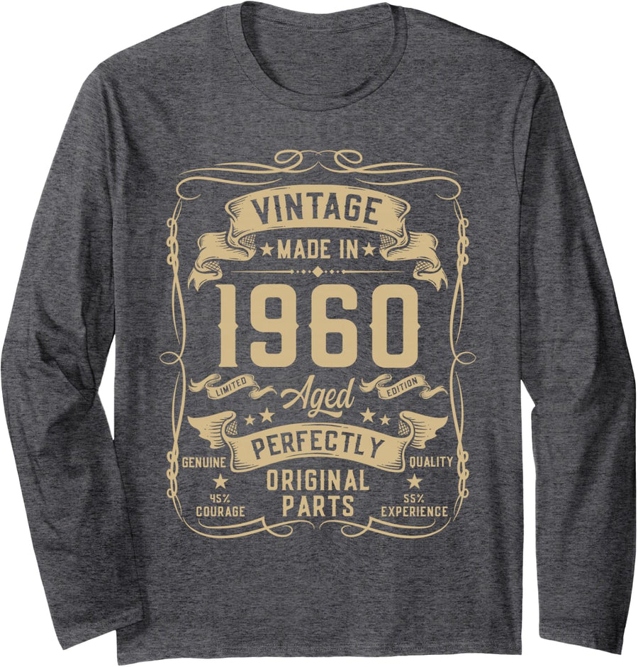 Vintage 1960 66yr 66th Birthday Gifts for Men 66 Years Old Long Sleeve T-Shirt - Adult Unisex Dark Heather Grey