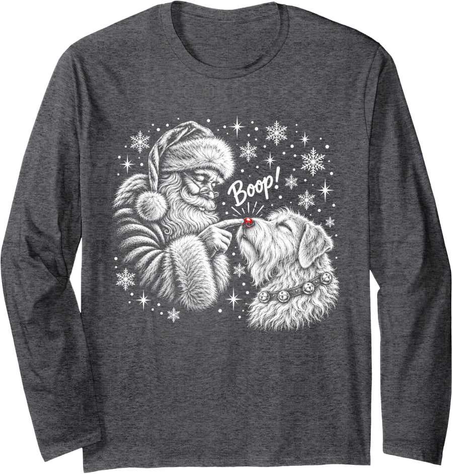 Soft Coated Wheaten Terrier Santa Boo-p Nose Touch Christmas Long Sleeve T-Shirt - Adult Unisex Dark Heather Grey