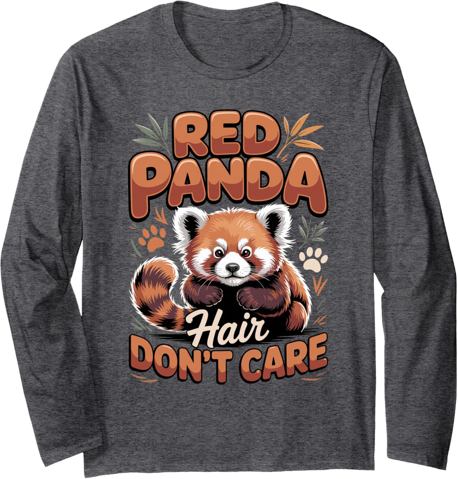 Red Panda Hair Don't Care Wildlife Animal Pun Long Sleeve T-Shirt - Adult Unisex Dark Heather Grey