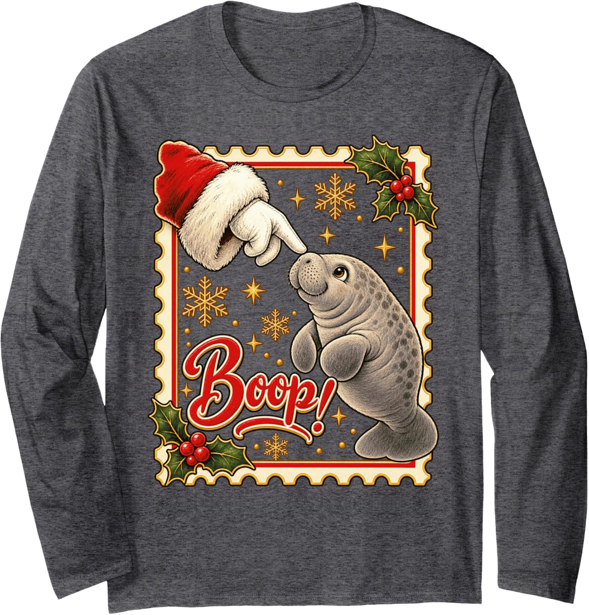 Boop! Manatee Joyful Christmas Nose Boop Long Sleeve T-Shirt - Adult Unisex Dark Heather Grey