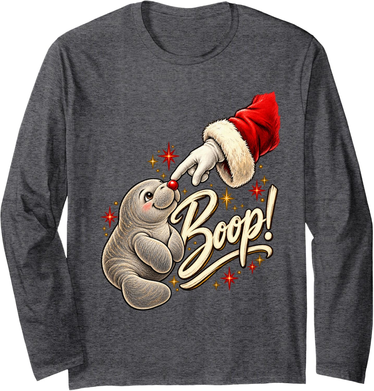 Boop! Manatee Happy Santa Christmas Red Nose Men Women Long Sleeve T-Shirt - Adult Unisex Dark Heather Grey
