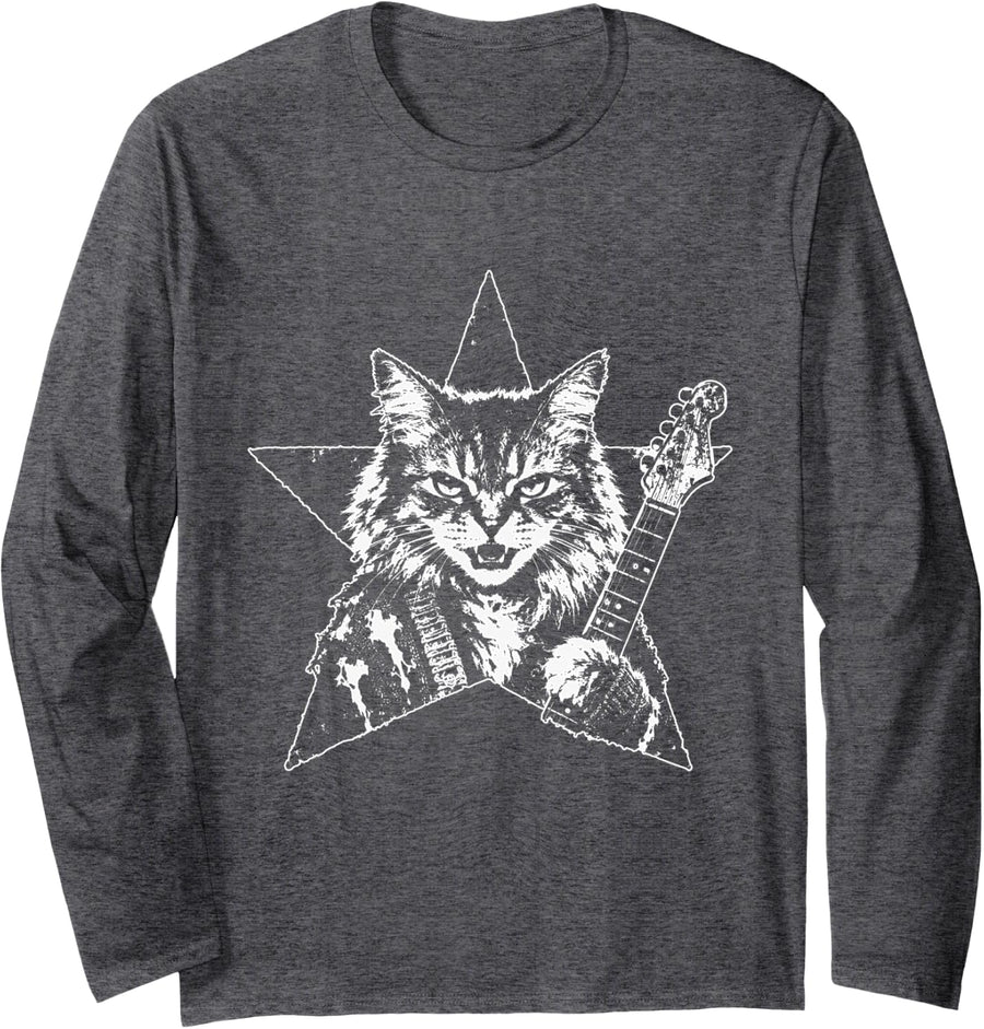 Sassy Cat Guitarist with Star Y2k Grunge Aesthetic 90s Punk Long Sleeve T-Shirt - Adult Unisex Dark Heather Grey