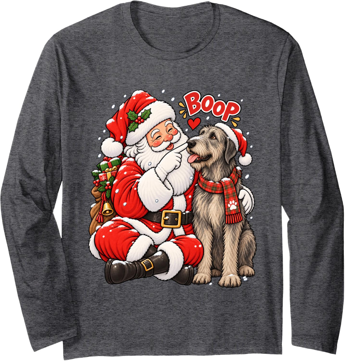 Funny Irish Wolfhound Boop Santa Christmas Long Sleeve T-Shirt - Adult Unisex Dark Heather Grey