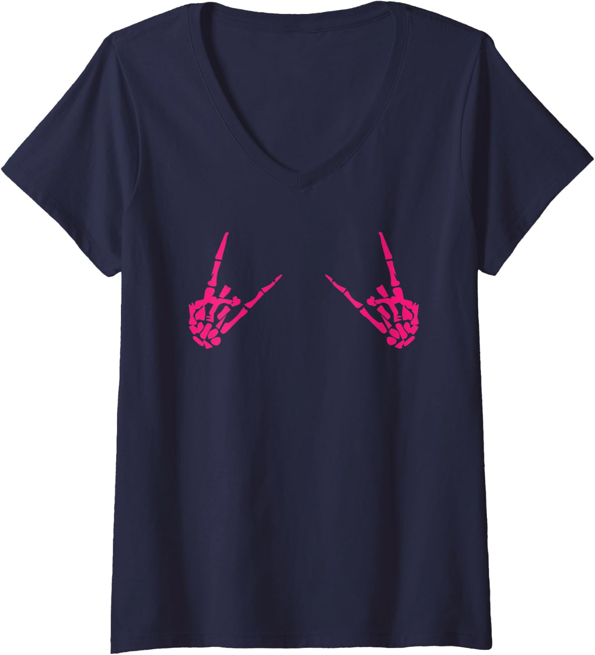 Womens Rock Metal Girl Pink Skeleton Hands Sign of the Horns V-Neck T-Shirt - Navy Blue