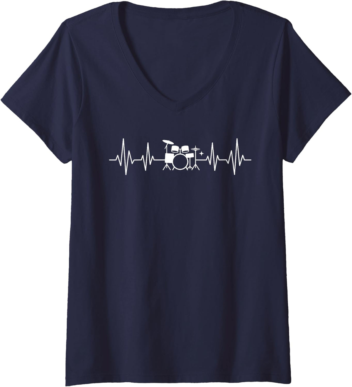Women's Vintage Heartbeat Drummer Drum Set Drums Musician Music Band V-Neck T-Shirt - Navy Blue