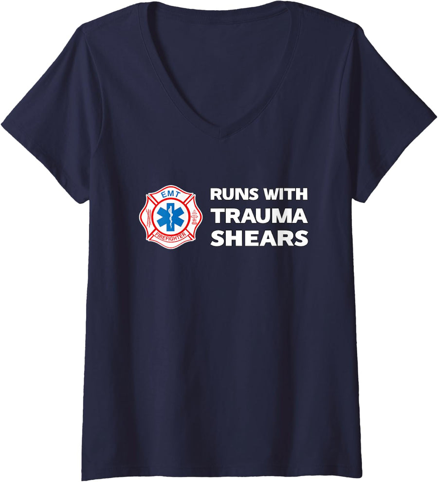 Women's Runs with Trauma Shears Funny EMT Firefighter EMS Paramedic V-Neck T-Shirt - Navy Blue