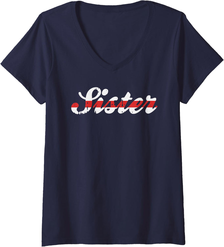 Women's Firefighter Sister Shirt USA Thin Red Line Christmas V-Neck T-Shirt - Navy Blue