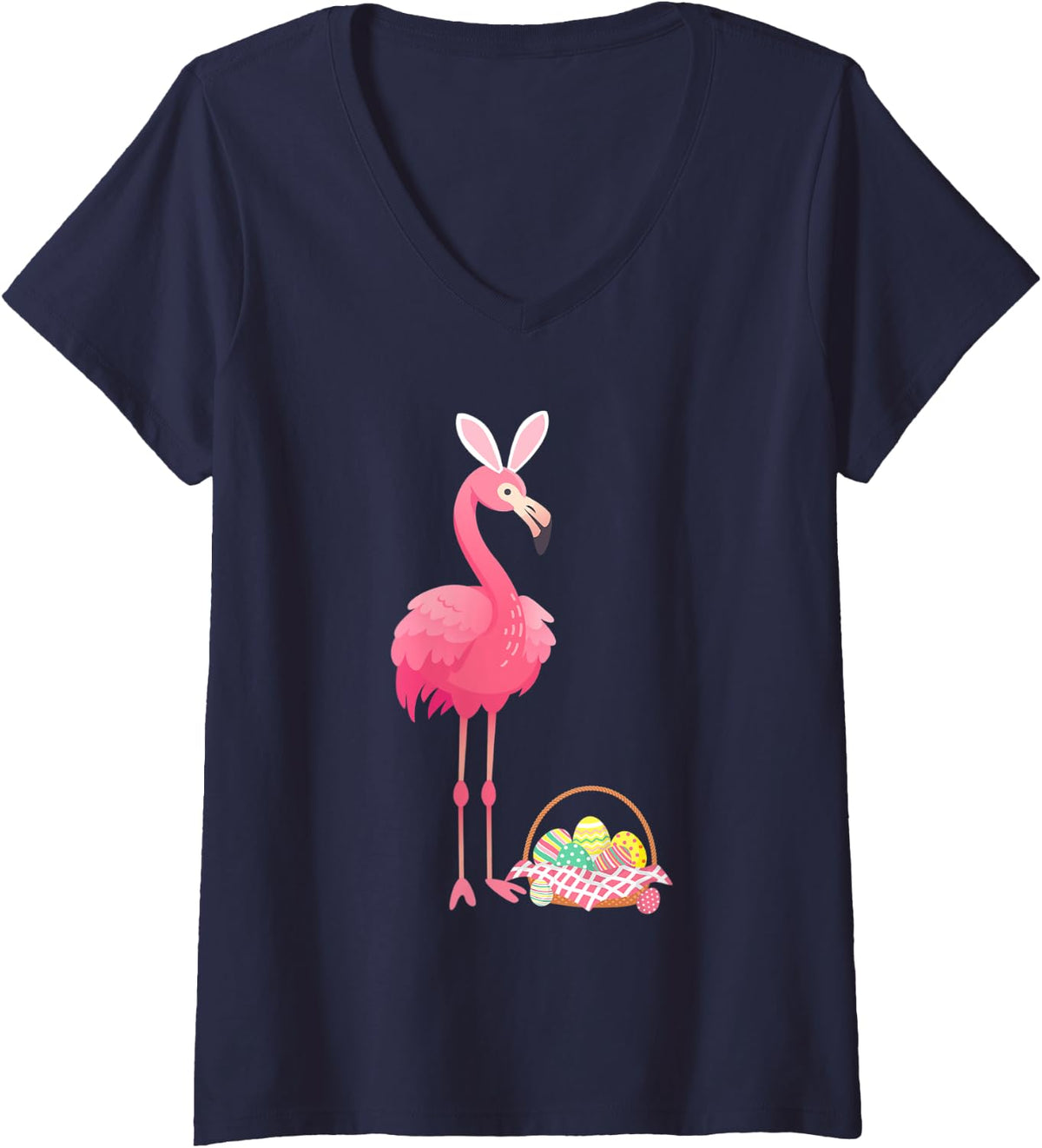 Womens Easter Flamingo Easter Bunny Egg Basket Funny Easter V-Neck T-Shirt - Navy Blue