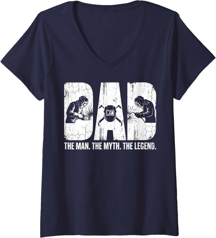 Women's Metalworker Welder Dad The Man The Myth The Legend Welding V-Neck T-Shirt - Navy Blue