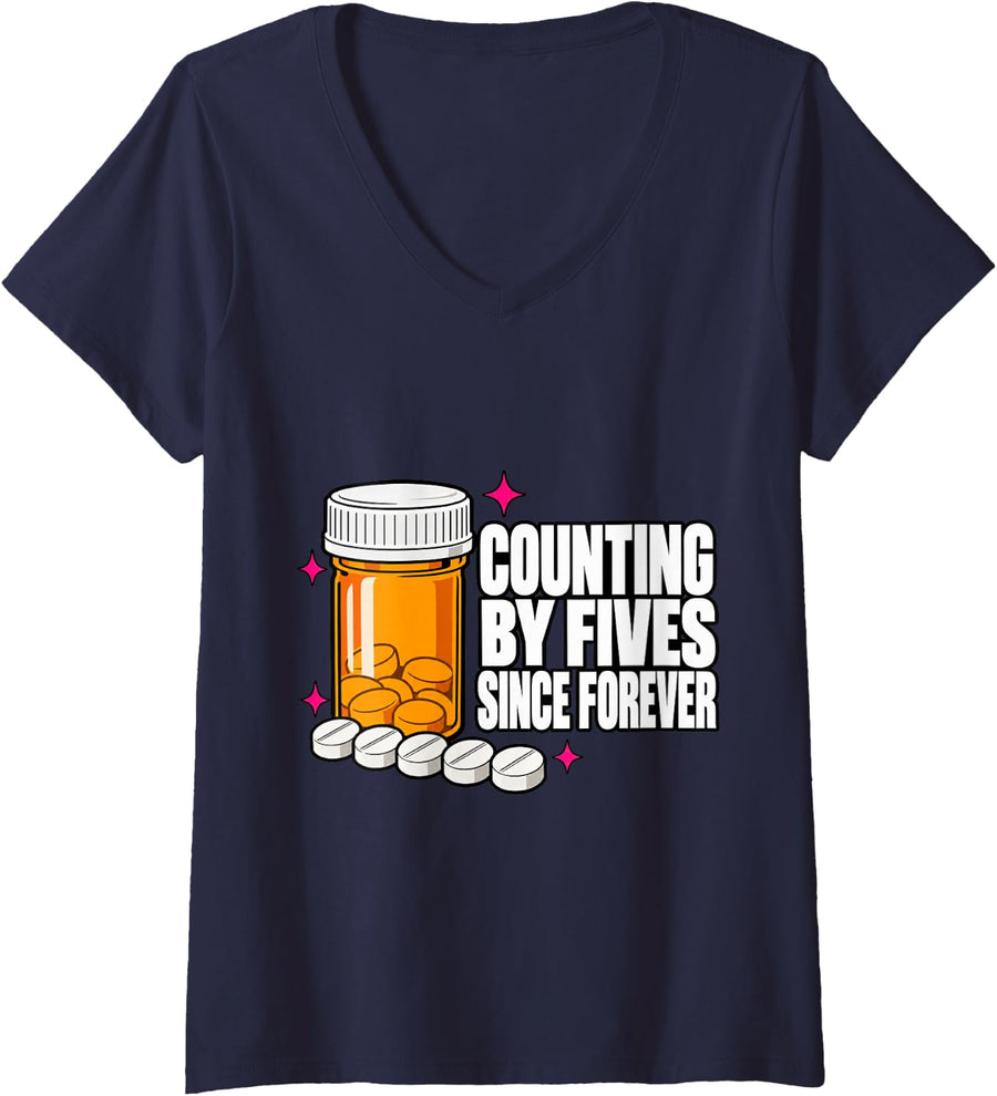 Women's Pharmacy Tech Counting By Fives Since Forever Technician Fun V-Neck T-Shirt - Navy Blue